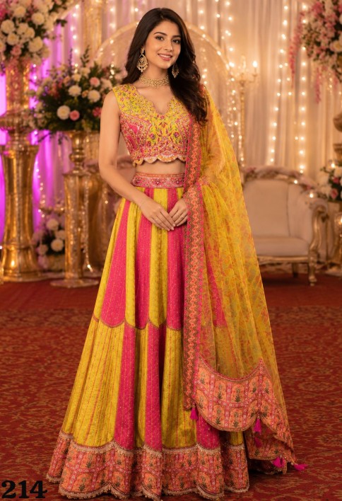 Embroidered Work Tissue Lehenga Choli In Pink and Yellow Colour